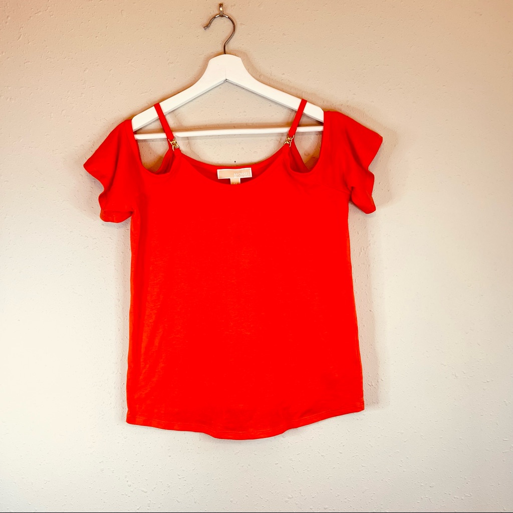 Michael Kors Cold Shoulder Chain Accent Short Sleeve Zinna Orange Top Sz Xs Nwt